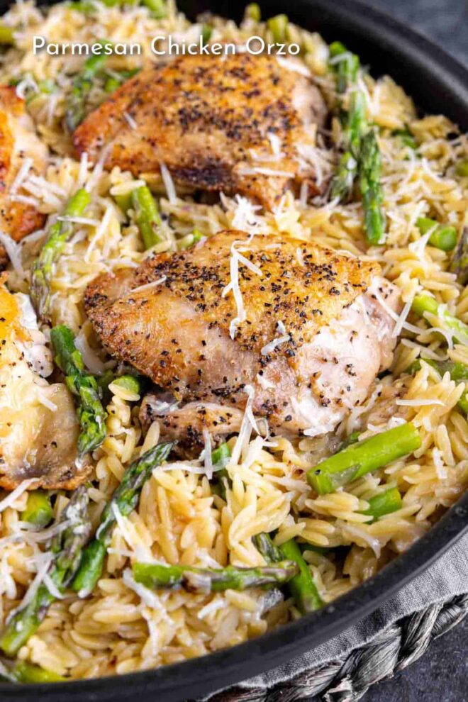Parmesan Chicken Orzo over pasta and asparagus.