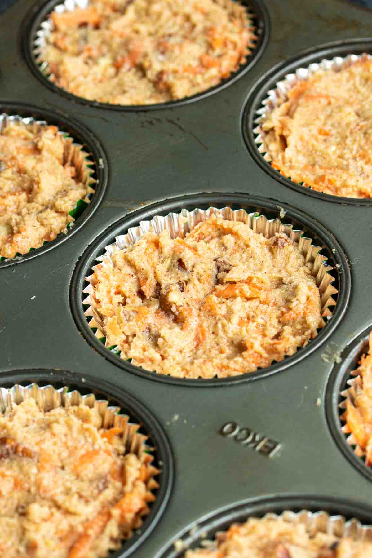 Freshly baked Keto Carrot Cake.in a muffin tin.