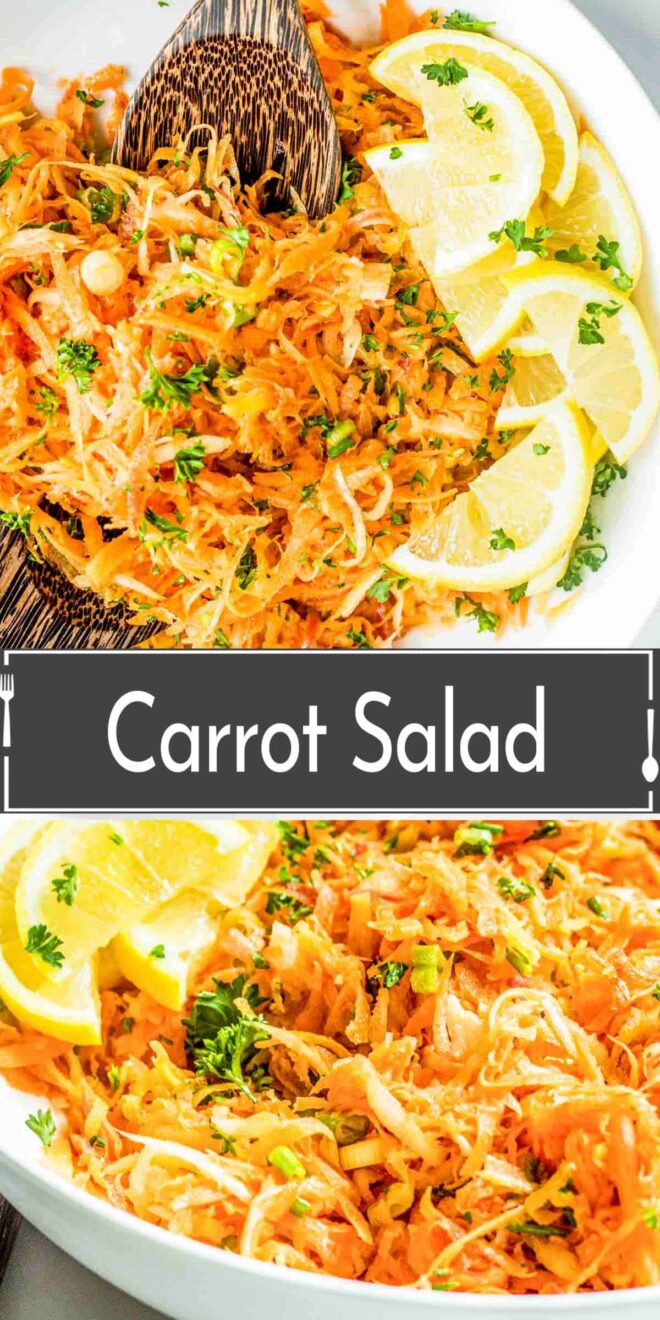 pinterest image of A bowl of shredded carrot salad garnished with lemon slices and parsley.