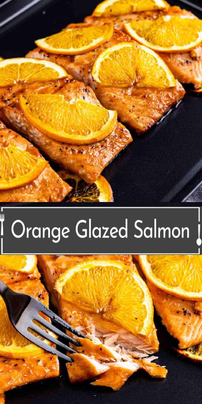 pinterest image of Slices of orange-glazed salmon garnished with orange slices on a black surface.