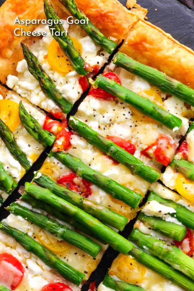 pinterest image of Asparagus and goat cheese tart sliced and ready to serve.