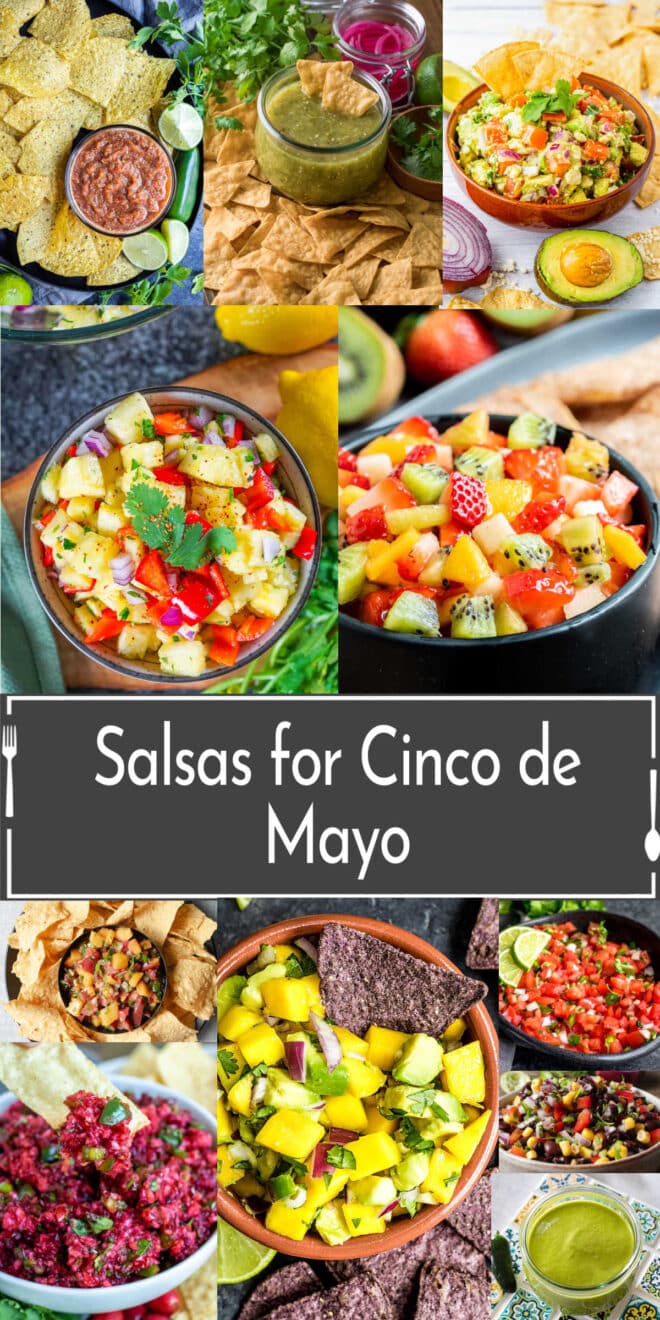 A collage of various salsa dishes including fruit, traditional tomato, and green salsas, labeled with "salsas for cinco de mayo.