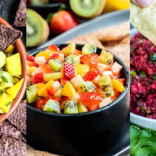 Three bowls of fruit salsa including mango, mixed fruit, and berry, served with chips.