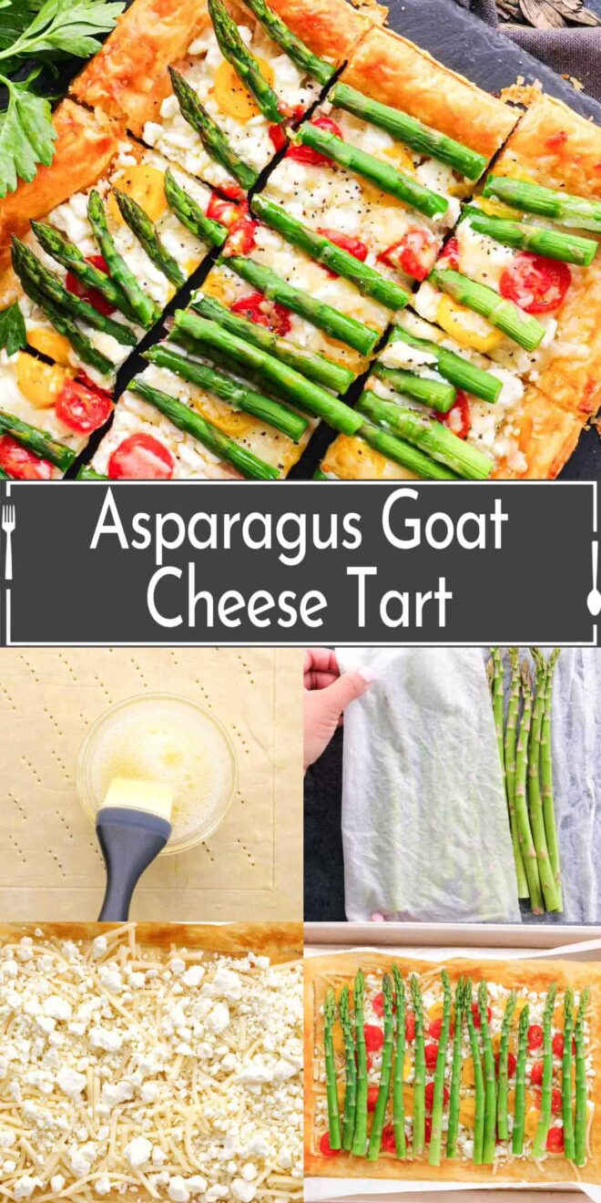 Step-by-step preparation of an asparagus goat cheese tart.