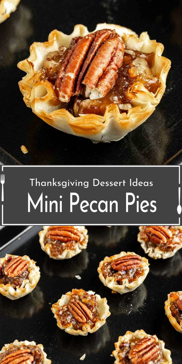 Mini pecan pies with a flaky crust and pecan halves on top, arranged on a baking tray. Text overlay reads “Thanksgiving Dessert Ideas: Mini Pecan Pies.”.