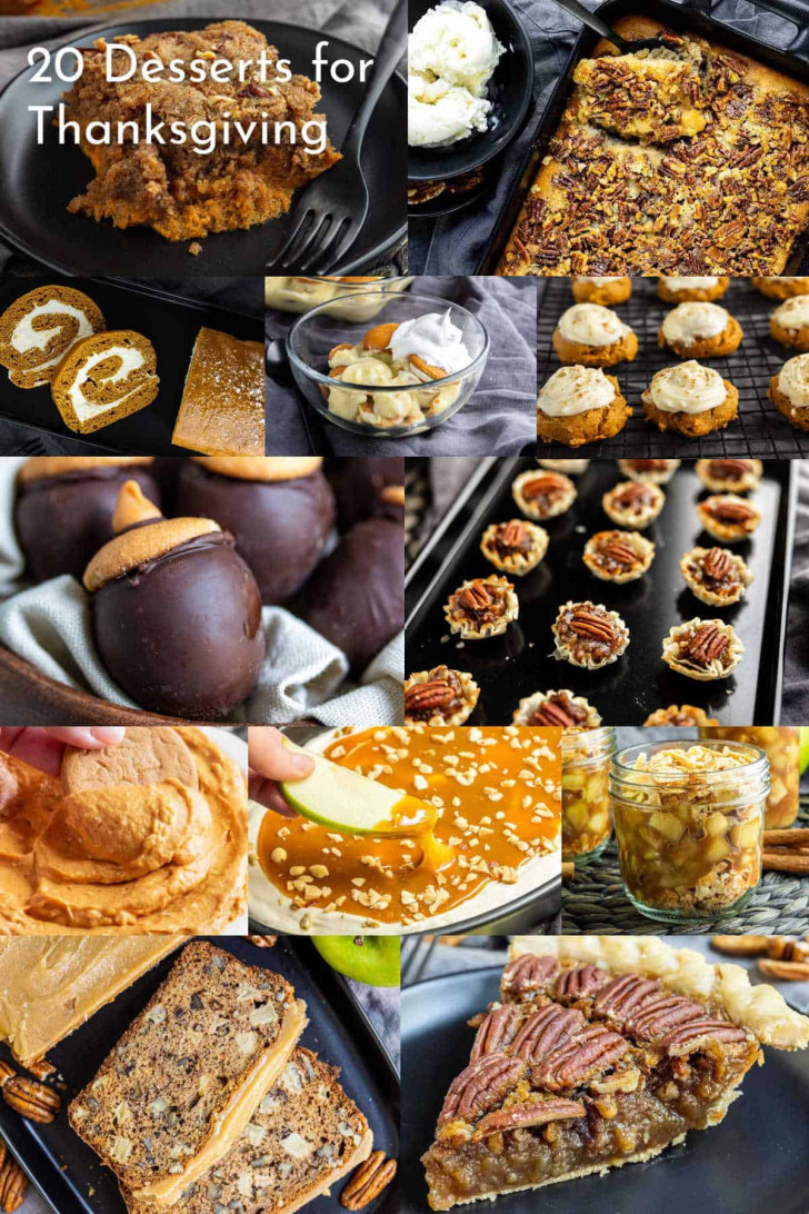 A collage of easy Thanksgiving desserts, including pecan pie, caramel apples, cookies, cake rolls, bars, and pudding, with the text "20 Desserts for Thanksgiving" in the top left corner.