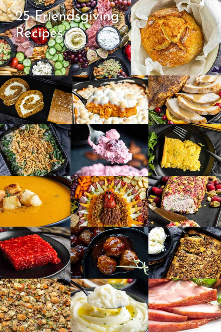 A collage of various Friendsgiving dishes, including turkey, mashed potatoes, bread, vegetables, desserts, and casseroles, with the text "25 Friendsgiving Recipes" at the top left.