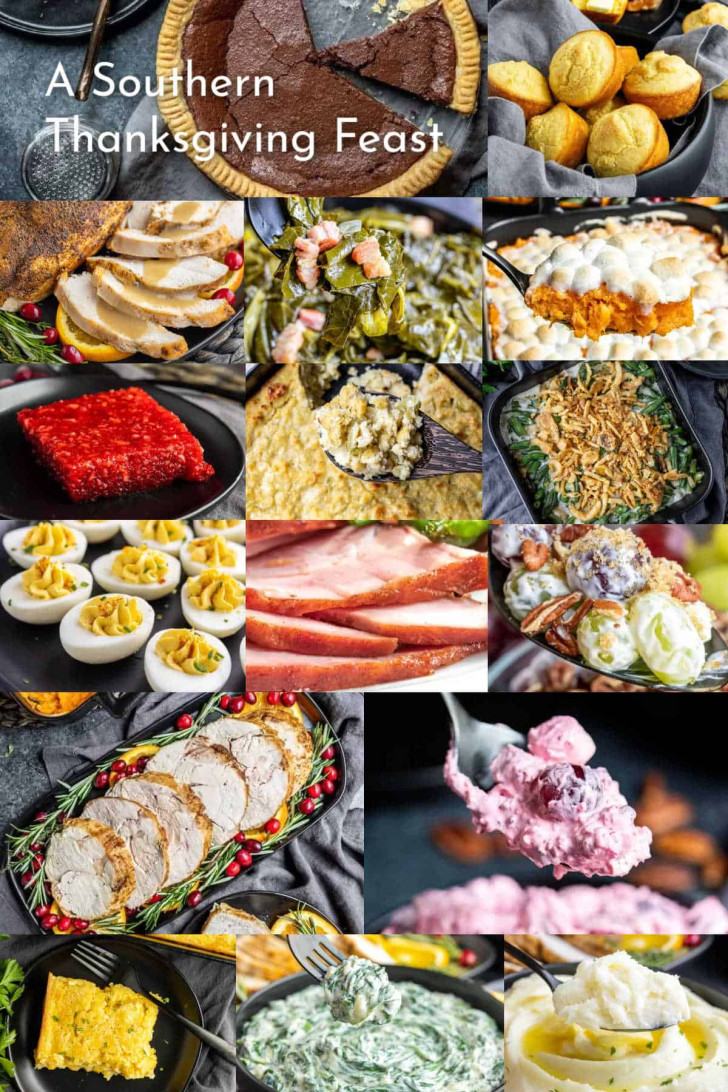 A collage of a Southern Thanksgiving Feast—pie, rolls, turkey, green beans, casseroles, deviled eggs, ham, salads, and desserts—all beautifully displayed on a dark background.
