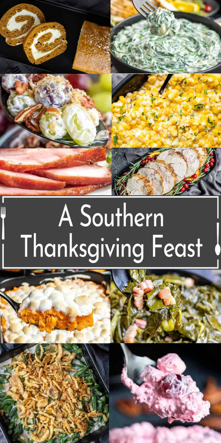 A collage of traditional Southern Thanksgiving dishes—including meats, casseroles, vegetables, salads, and desserts—surrounds the text "Southern Thanksgiving Feast" in the center.