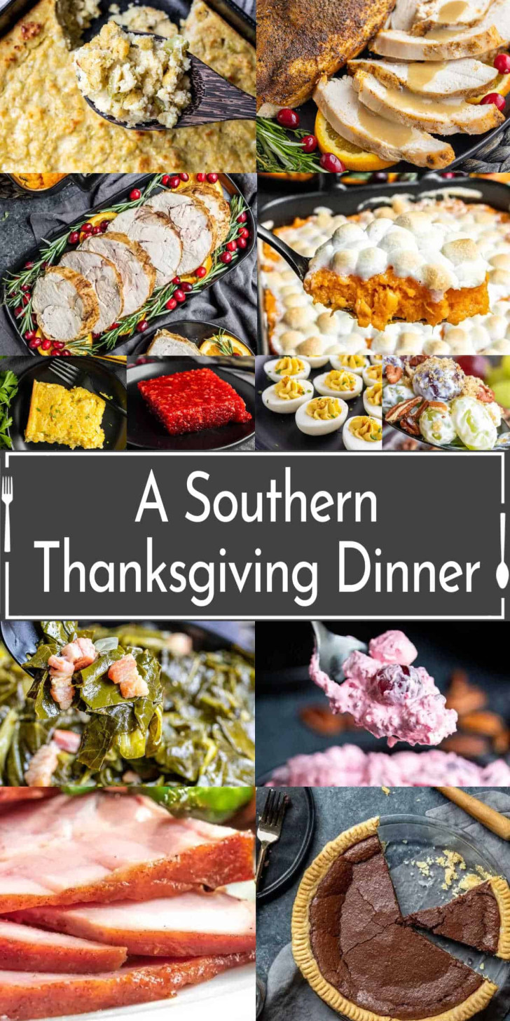 A collage of classic Southern Thanksgiving dishes—turkey, ham, casseroles, deviled eggs, sweet potatoes, pie—with text reading “A Southern Thanksgiving Feast.”.