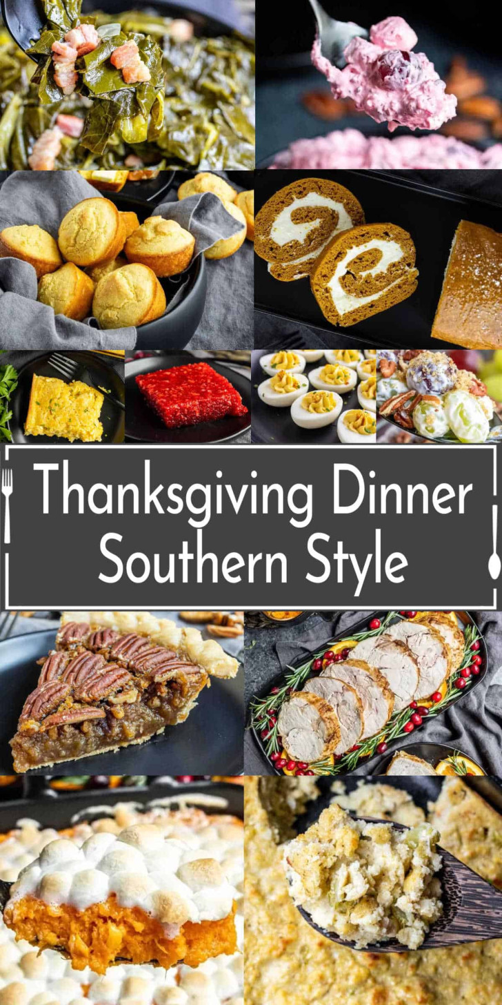 Collage of Southern-style Thanksgiving Feast dishes including greens, pink salad, cornbread, deviled eggs, red gelatin, pecan pie, turkey, sweet potato casserole, and cornbread dressing. Text: "Thanksgiving Dinner Southern Style.