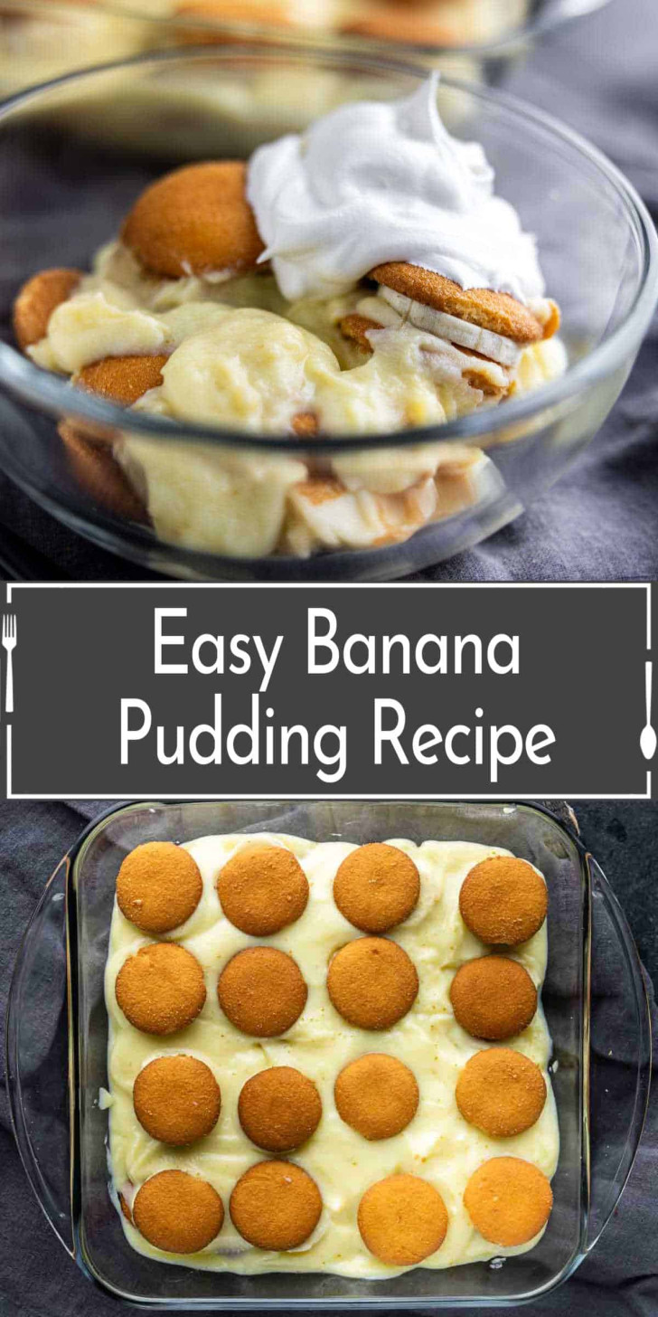 Glass bowls filled with banana pudding topped with vanilla wafers and whipped cream; text reads "Easy Banana Pudding Recipe.