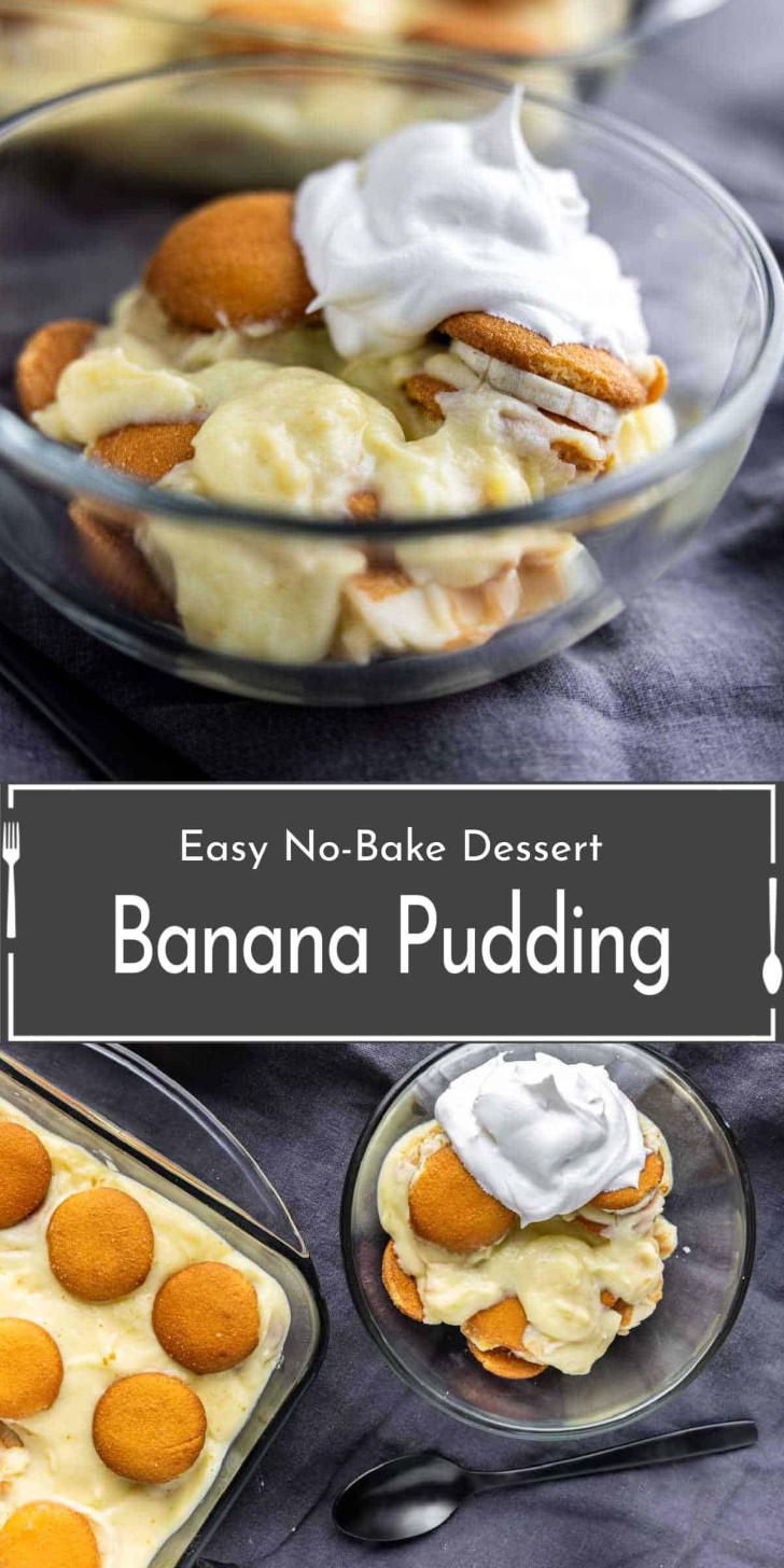 Glass bowls filled with banana pudding topped with vanilla wafers and whipped cream, displayed on a dark cloth with a spoon beside one bowl.