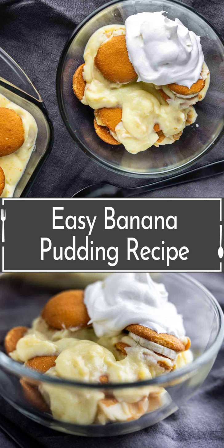 A glass dish of banana pudding with vanilla wafers and whipped cream, shown from different angles with the text "Easy Banana Pudding Recipe" in the center.