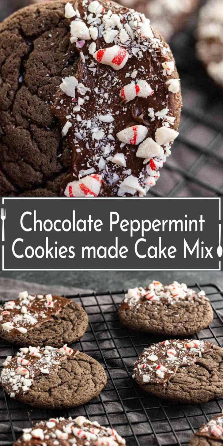 Chocolate peppermint cookies with crushed peppermint on top, displayed on a cooling rack, with text that reads "Chocolate Peppermint Cookies made Cake Mix.