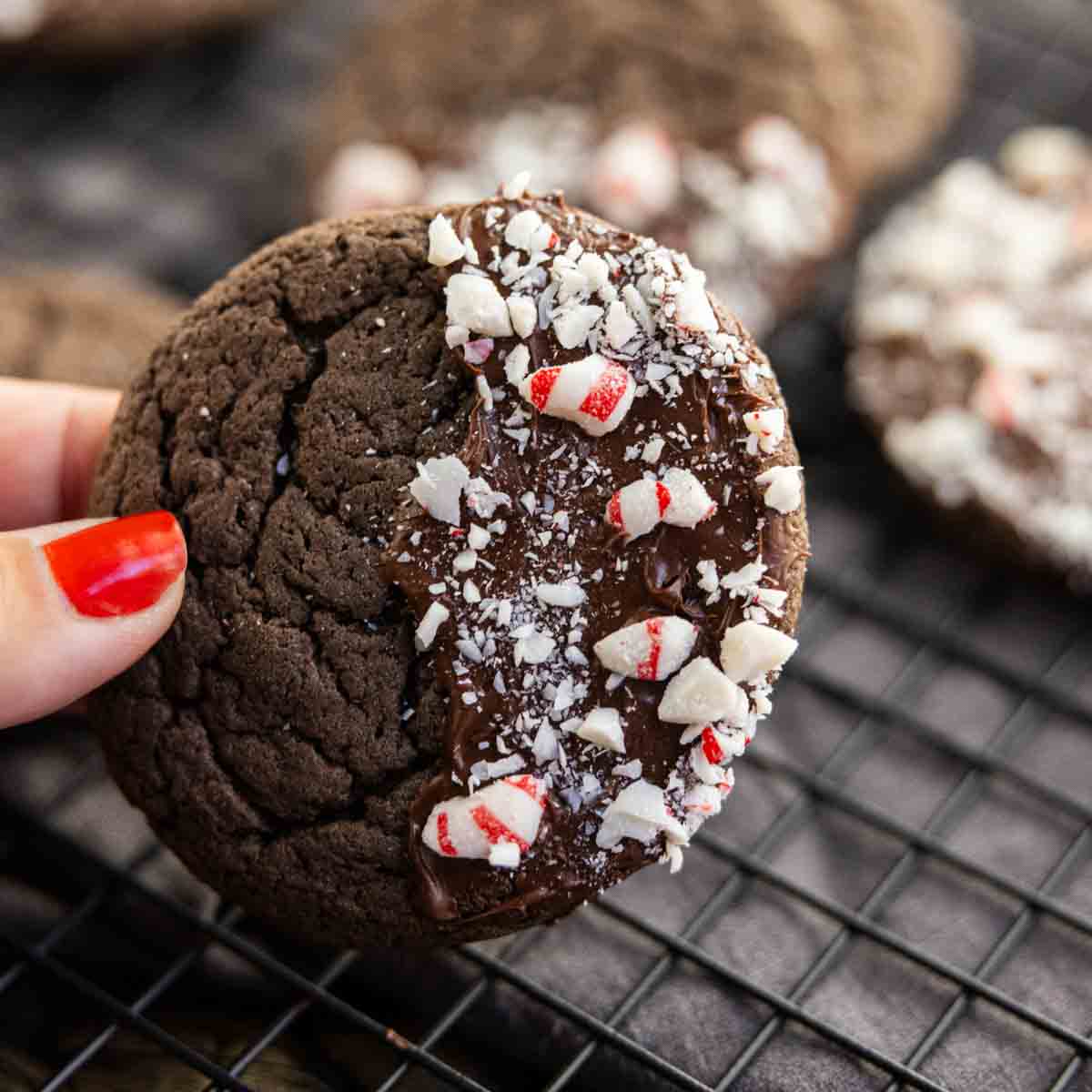 A hand holding a chocolate peppermint cake mix cookie dipped in chocolate and topped with crushed peppermint pieces, resting on a black cooling rack.