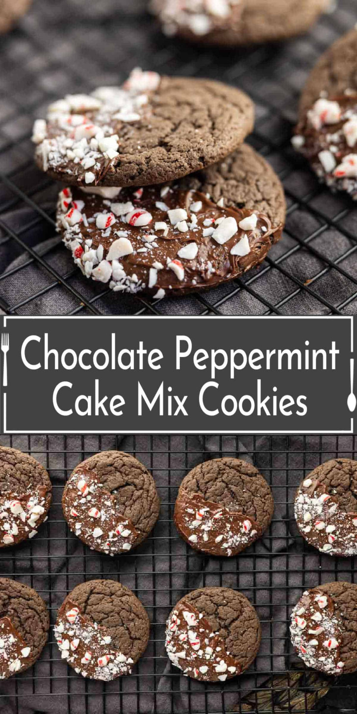Chocolate peppermint cookies with crushed peppermint pieces are displayed on a cooling rack. Text overlay reads "Chocolate Peppermint Cake Mix Cookies.