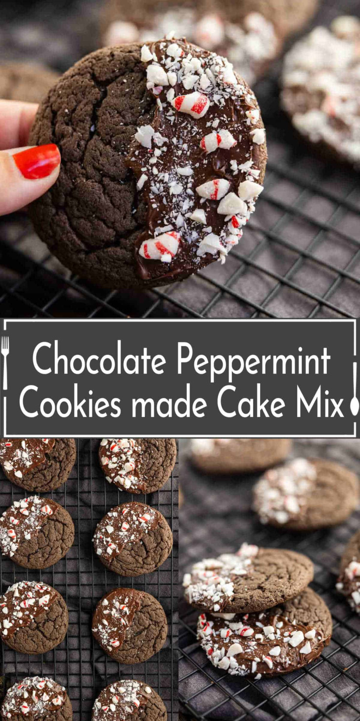 Chocolate peppermint cookies made with cake mix, partially dipped in white chocolate and sprinkled with crushed peppermint, displayed on a cooling rack.