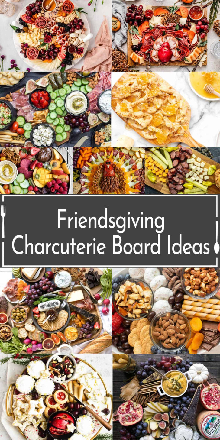 A collage of colorful charcuterie boards with various fruits, cheeses, meats, crackers, and dips, labeled "Friendsgiving Charcuterie Board Ideas" in white text.