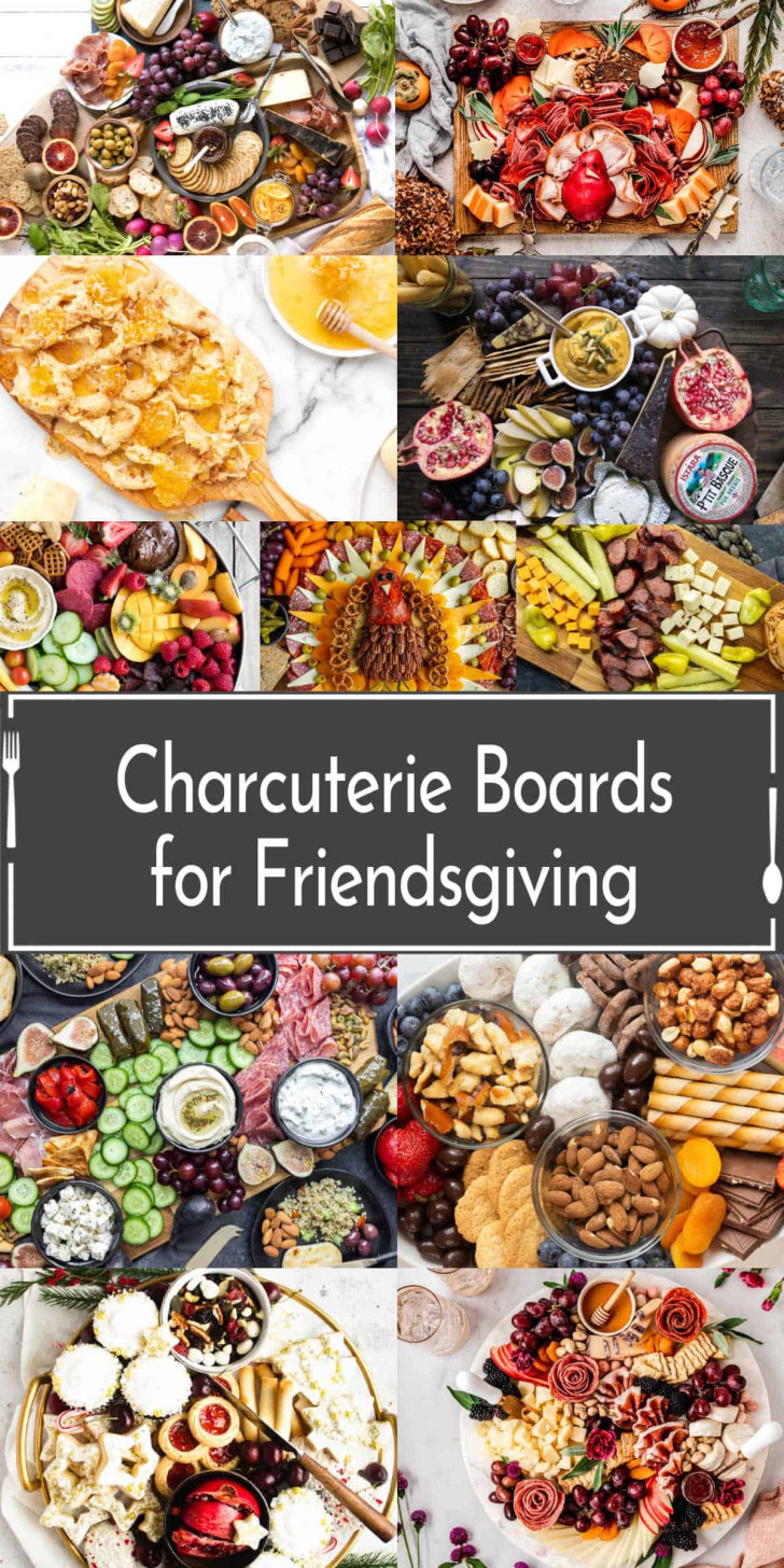 A collage of colorful charcuterie boards featuring assorted meats, cheeses, fruits, nuts, and crackers, with text in the center reading "Charcuterie Boards for Friendsgiving.