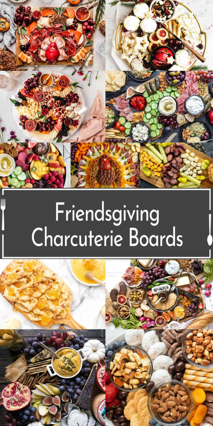 A collage of various colorful charcuterie boards with meats, cheeses, fruits, and snacks, and a central label reading "Friendsgiving Charcuterie Boards.