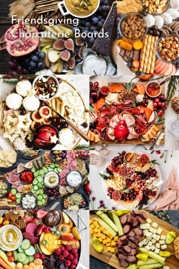 A collage of assorted charcuterie boards featuring meats, cheeses, fruits, nuts, and vegetables with the text "Friendsgiving Charcuterie Boards" in the top left corner.