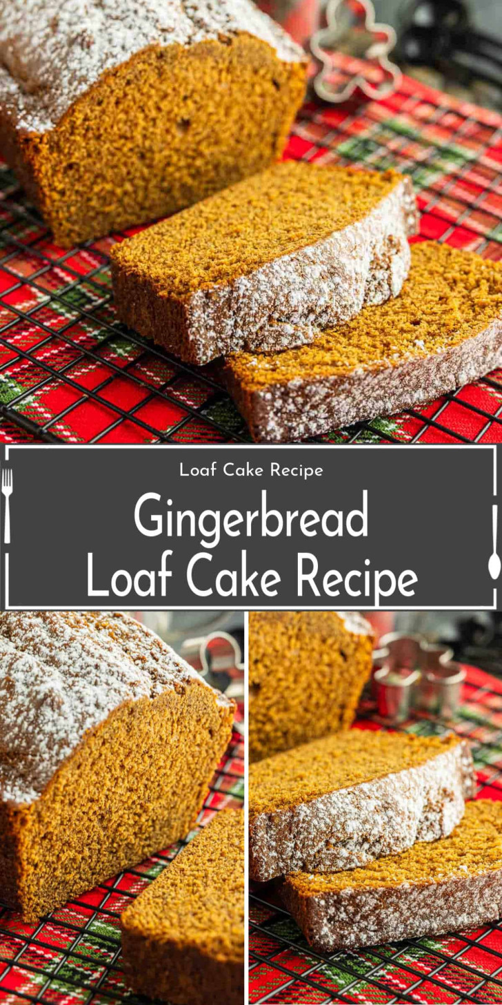 Sliced gingerbread loaf cake dusted with powdered sugar on a red plaid tablecloth, accompanied by festive cookie cutters.