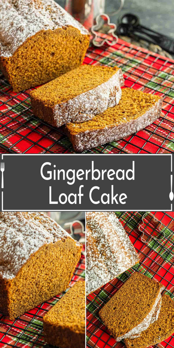 Sliced gingerbread loaf cake dusted with powdered sugar on a red plaid cloth, with a text overlay reading "Gingerbread Loaf Cake.