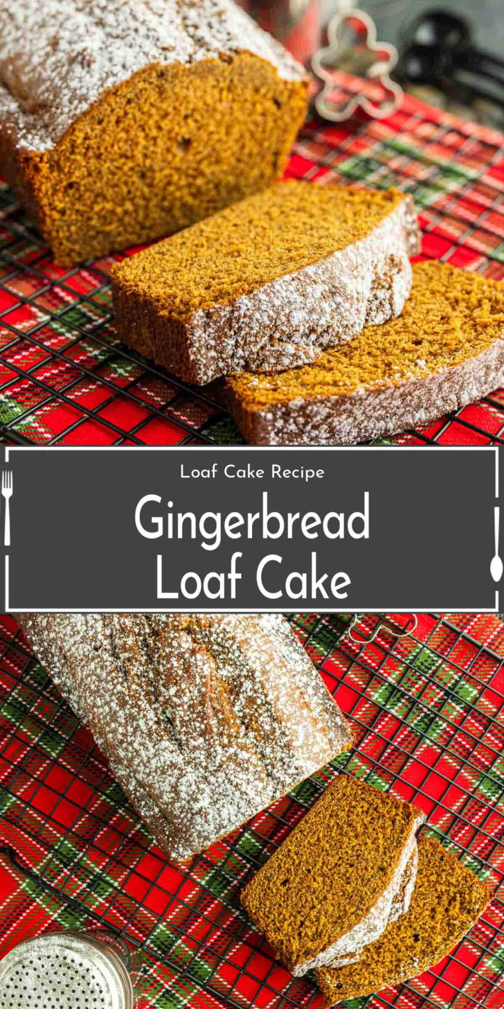 Sliced gingerbread loaf cake dusted with powdered sugar on a red plaid tablecloth, with a whole loaf and baking utensils in the background.