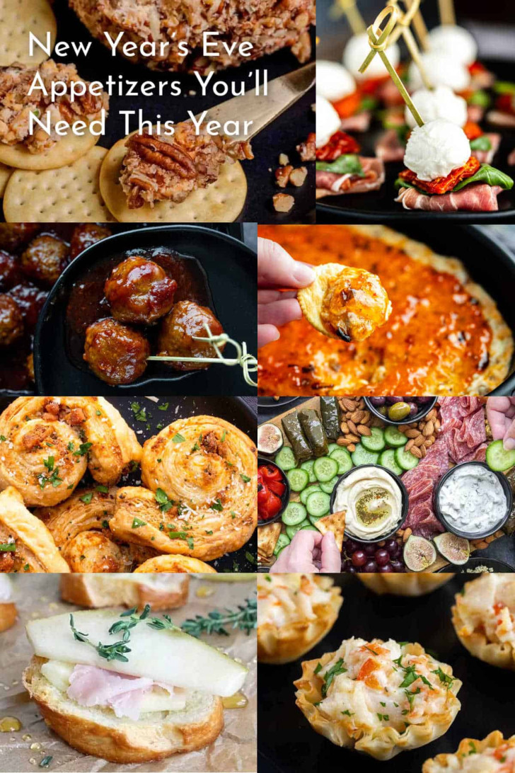 A collage of vibrant party appetizers—meatballs, cheese and tomato skewers, dips, pinwheels, a charcuterie board, crostini, and phyllo cups—offers festive inspiration for your New Year’s Eve appetizers spread.