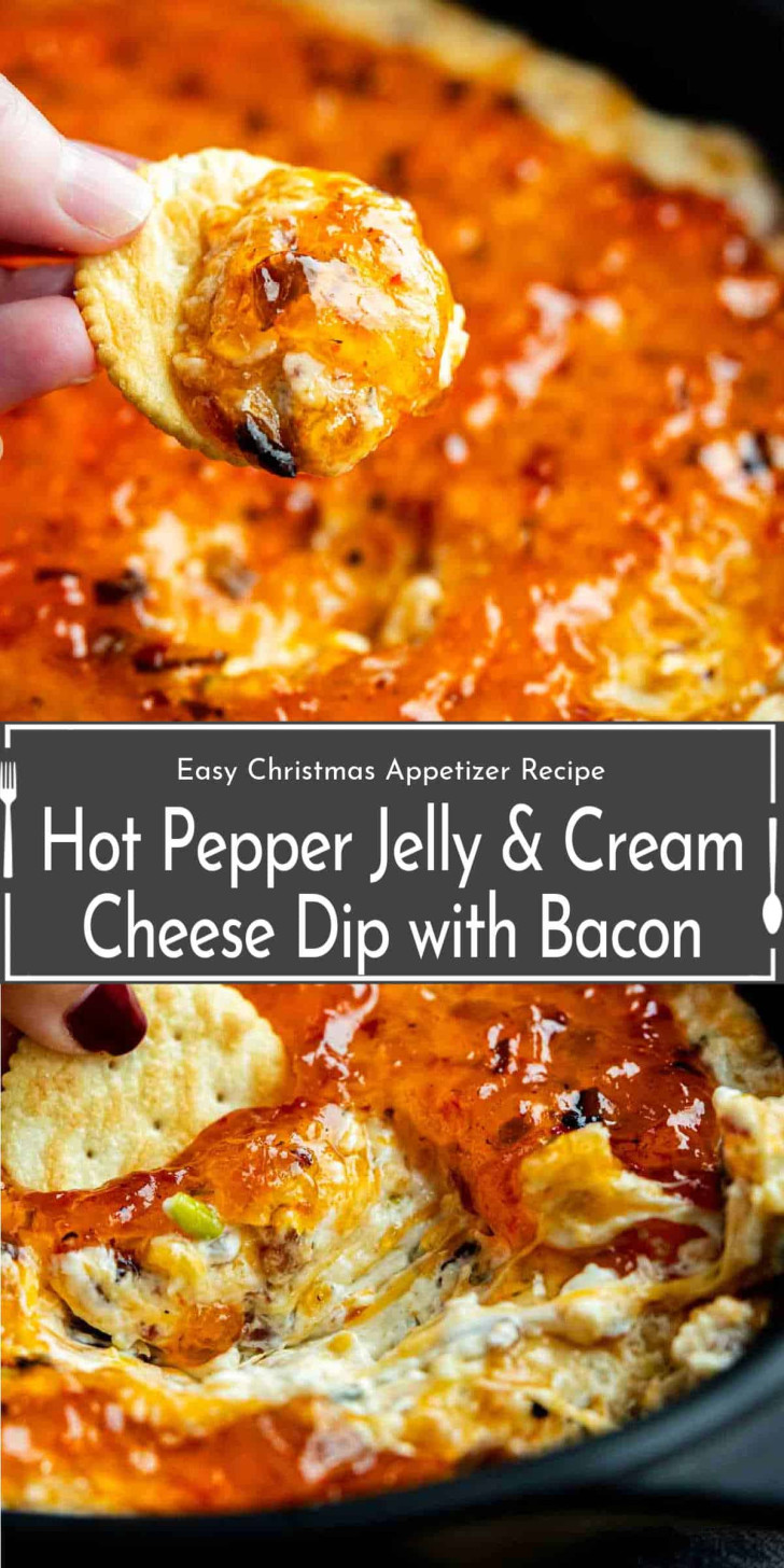 A hand holds a cracker topped with hot pepper jelly and cream cheese dip with bacon, above a skillet filled with the same appetizer.