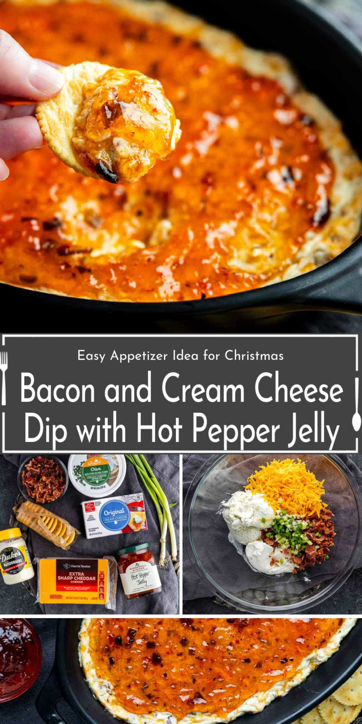 Bacon and cream cheese dip topped with hot pepper jelly, shown in a baking dish, on a cracker, and with ingredients displayed separately.