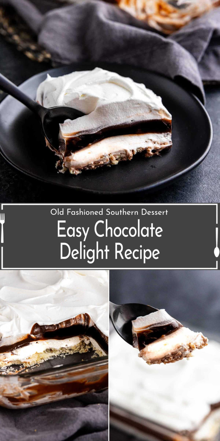 A layered chocolate dessert with a whipped topping, chocolate pudding layer, creamy filling, and nutty crust shown sliced and served on a black plate.