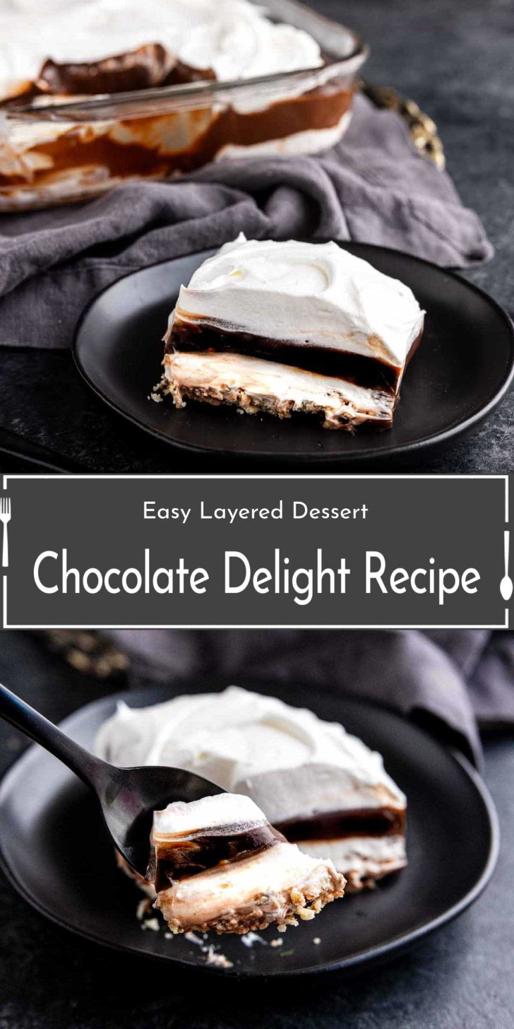 A slice of chocolate delight dessert with creamy layers sits on a black plate, next to a baking dish with the remaining dessert.