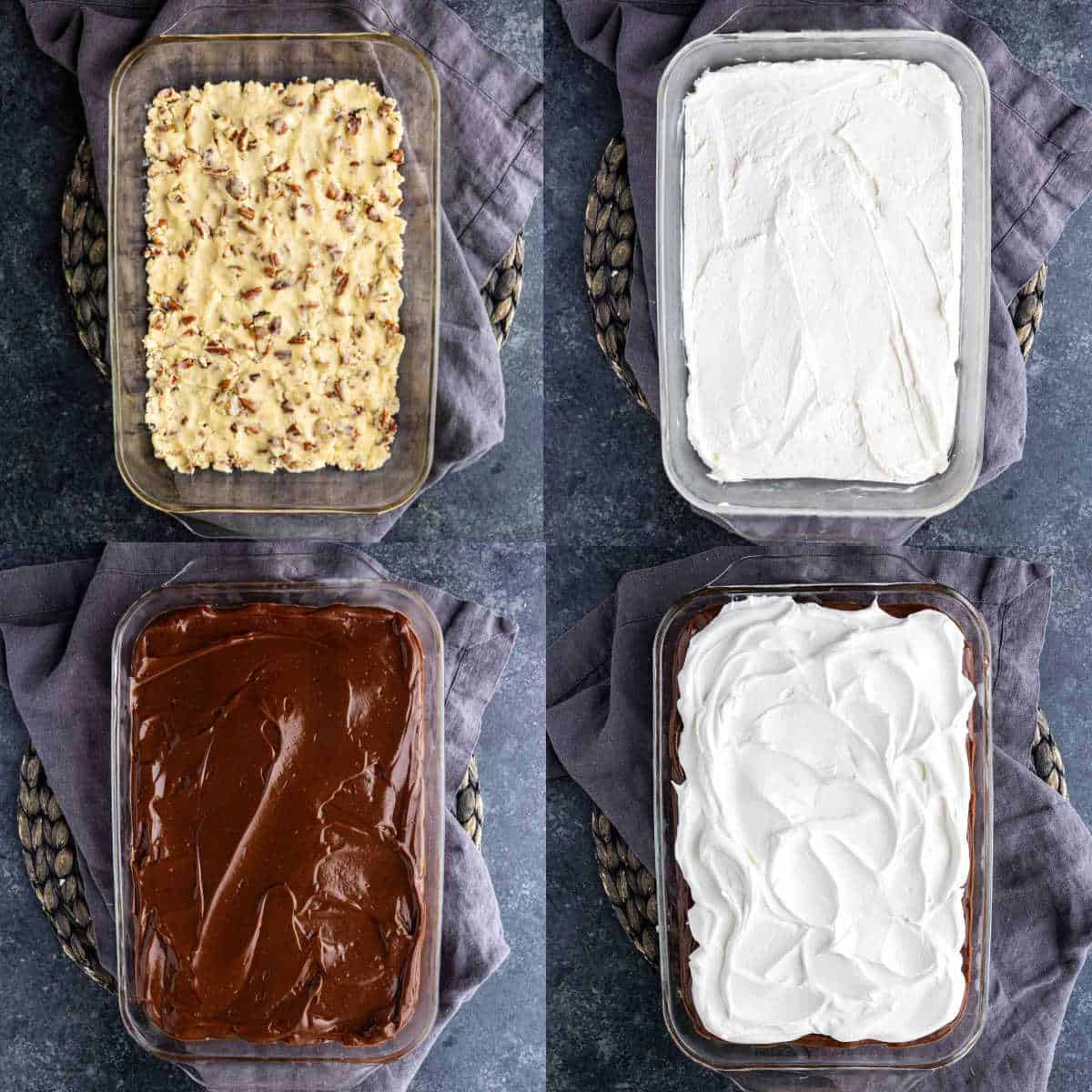Four-panel image showing the step-by-step assembly of a 4-layer chocolate dessert in a glass dish: crust, cream layer, chocolate layer, and whipped topping.