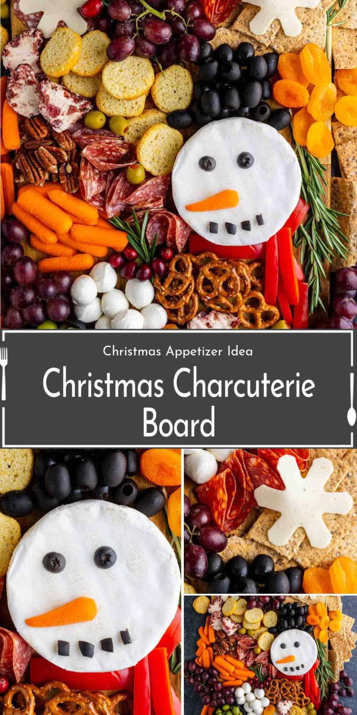 A festive Christmas charcuterie board with meats, cheeses, crackers, fruits, veggies, and a snowman face made of cheese, olives, carrots, and peppers.