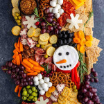 A festive Christmas charcuterie board featuring assorted meats, cheeses, crackers, grapes, carrots, olives, pretzels, and a snowman-shaped cheese decorated with vegetables—perfect for easy holiday entertaining.