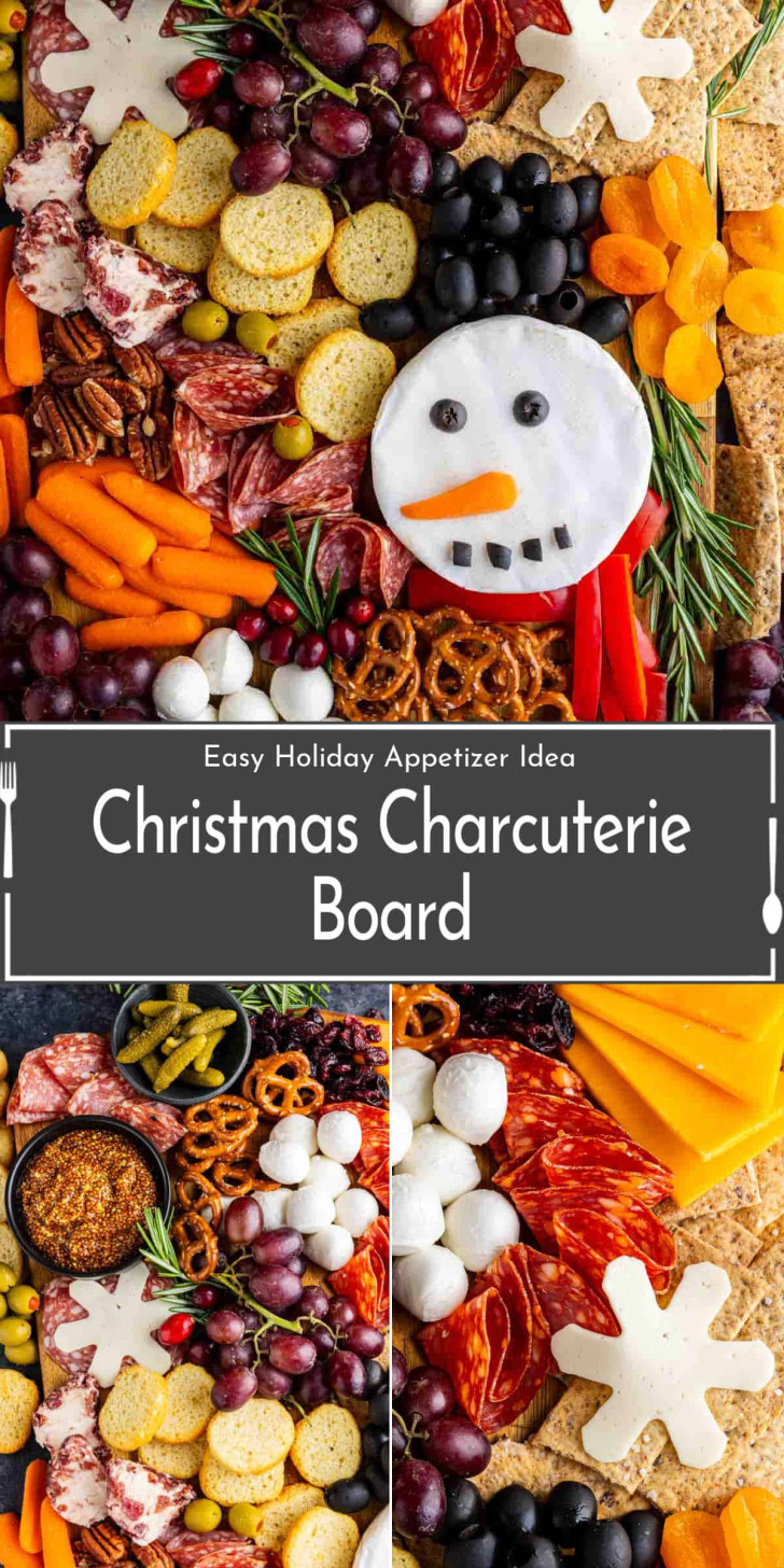 A festive charcuterie board with cheeses, meats, crackers, fruit, and a snowman face made of cheese, arranged for a holiday appetizer.