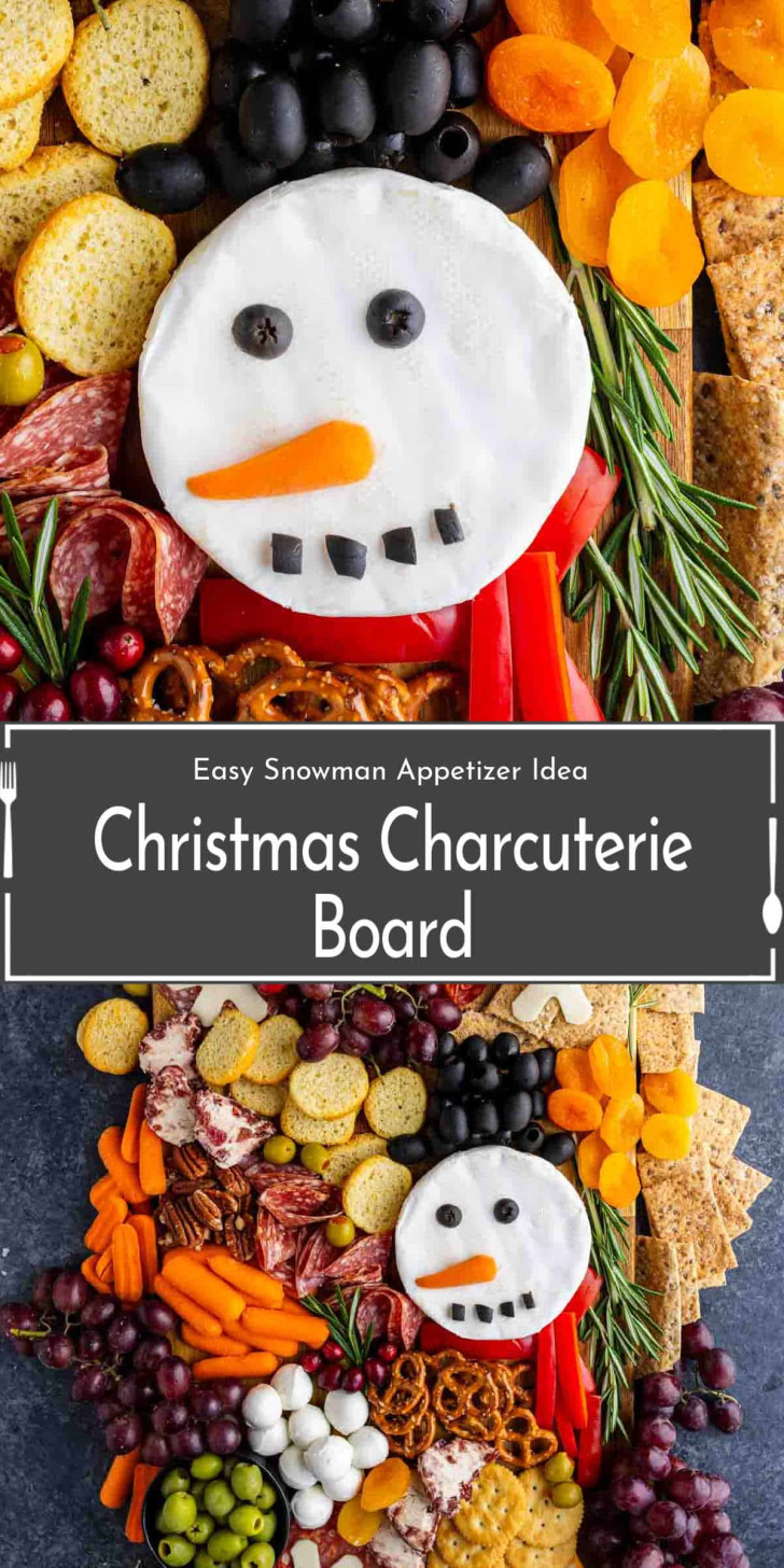 A Christmas charcuterie board featuring a snowman made of cheese, surrounded by cured meats, crackers, fruits, nuts, and vegetables.