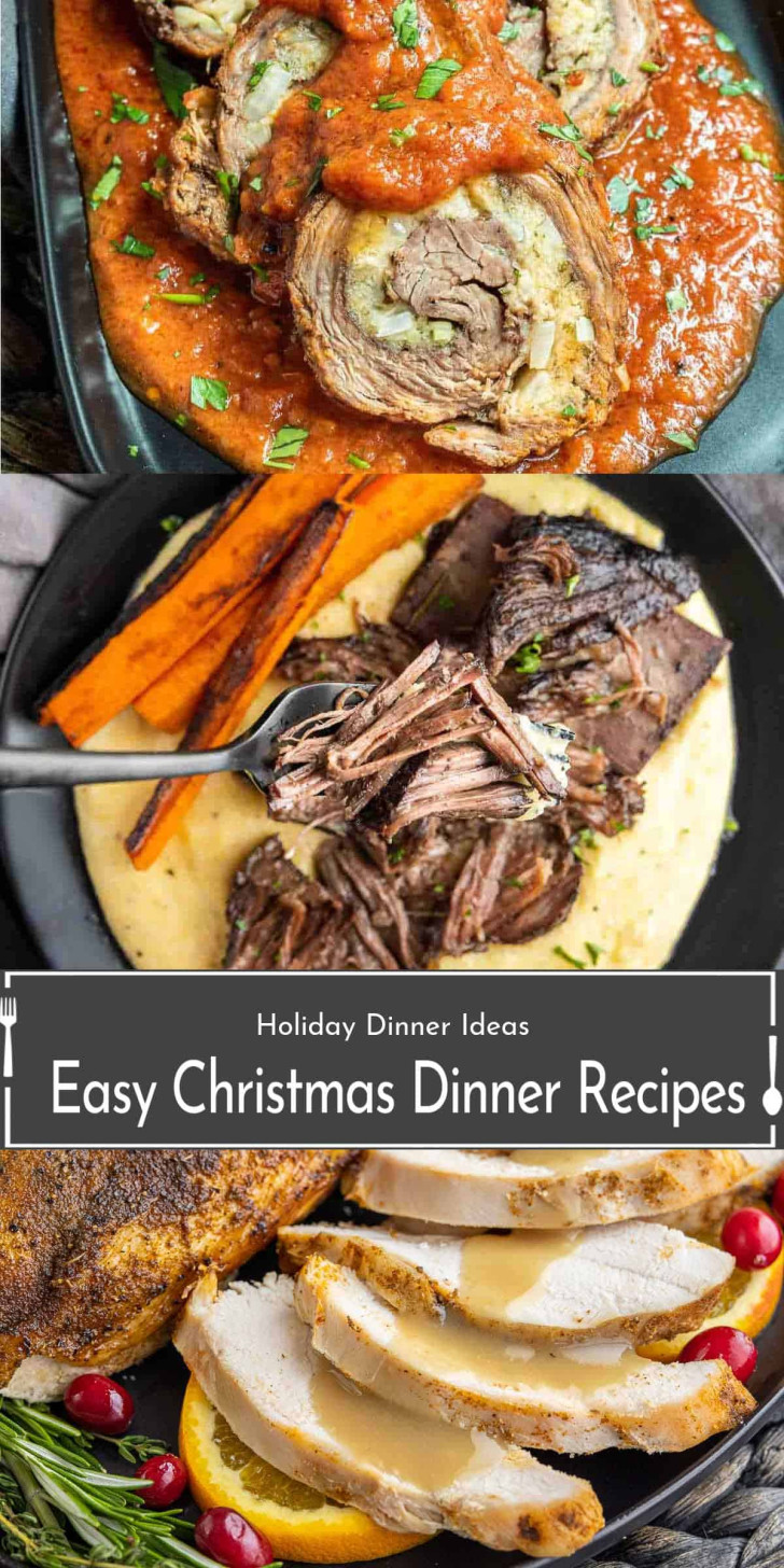 Three dishes are shown: stuffed beef with tomato sauce, shredded beef with carrots and mashed potatoes, and sliced roast turkey with herbs and lemon slices. Text reads: "Easy Christmas Dinner Recipes.