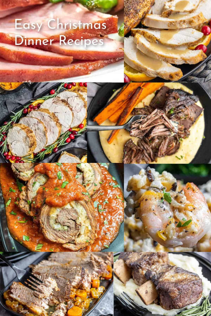 A collage of various cooked meats and dishes, including ham, turkey, roast beef, stuffed meat rolls, and braised short ribs, with the text “Easy Christmas Dinner Recipes.”.