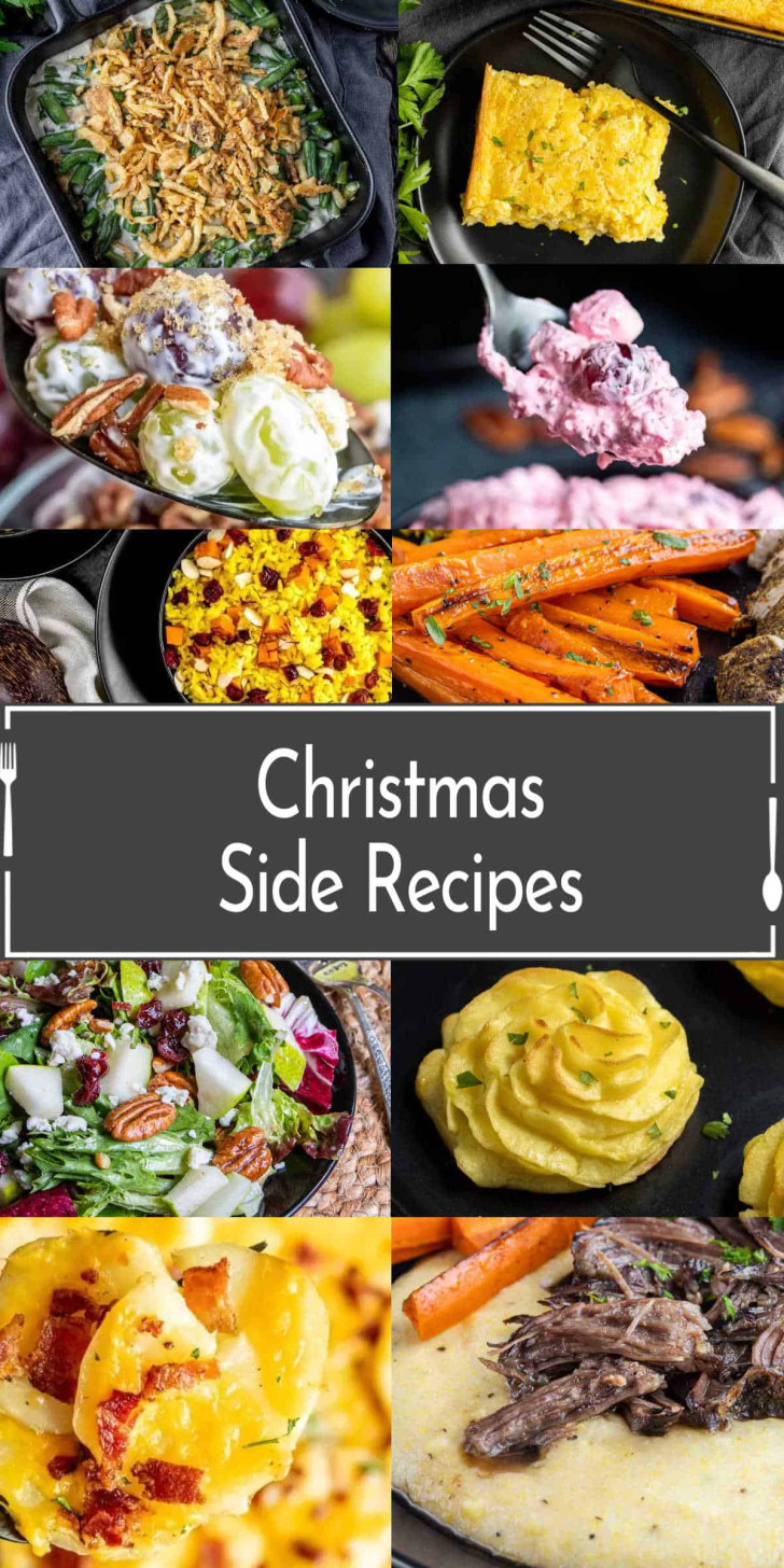 A collage of various Christmas side dishes, including salads, potatoes, carrots, casseroles, and a central label reading "Christmas Side Recipes.