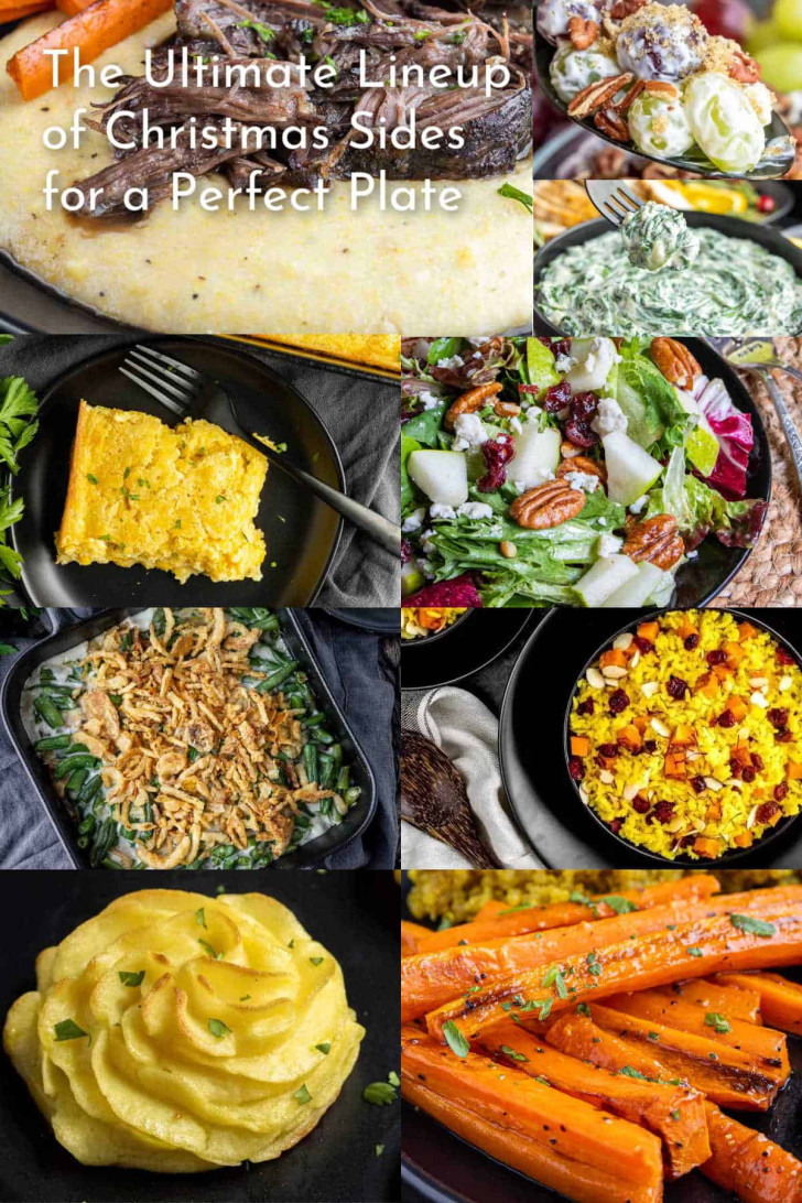 A collage of various Christmas side dishes, including salad, potatoes, carrots, corn casserole, squash, green beans, and creamed spinach, with the text "The Ultimate Lineup of Christmas Sides for a Perfect Plate.