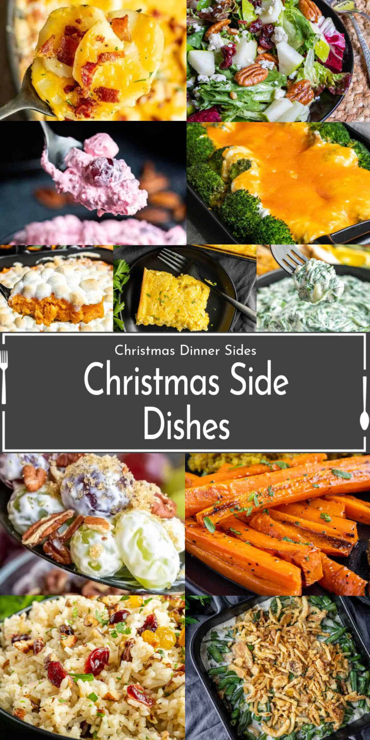 A collage of various Christmas side dishes, including salads, vegetables, casseroles, and a text overlay that reads "Christmas Side Dishes.