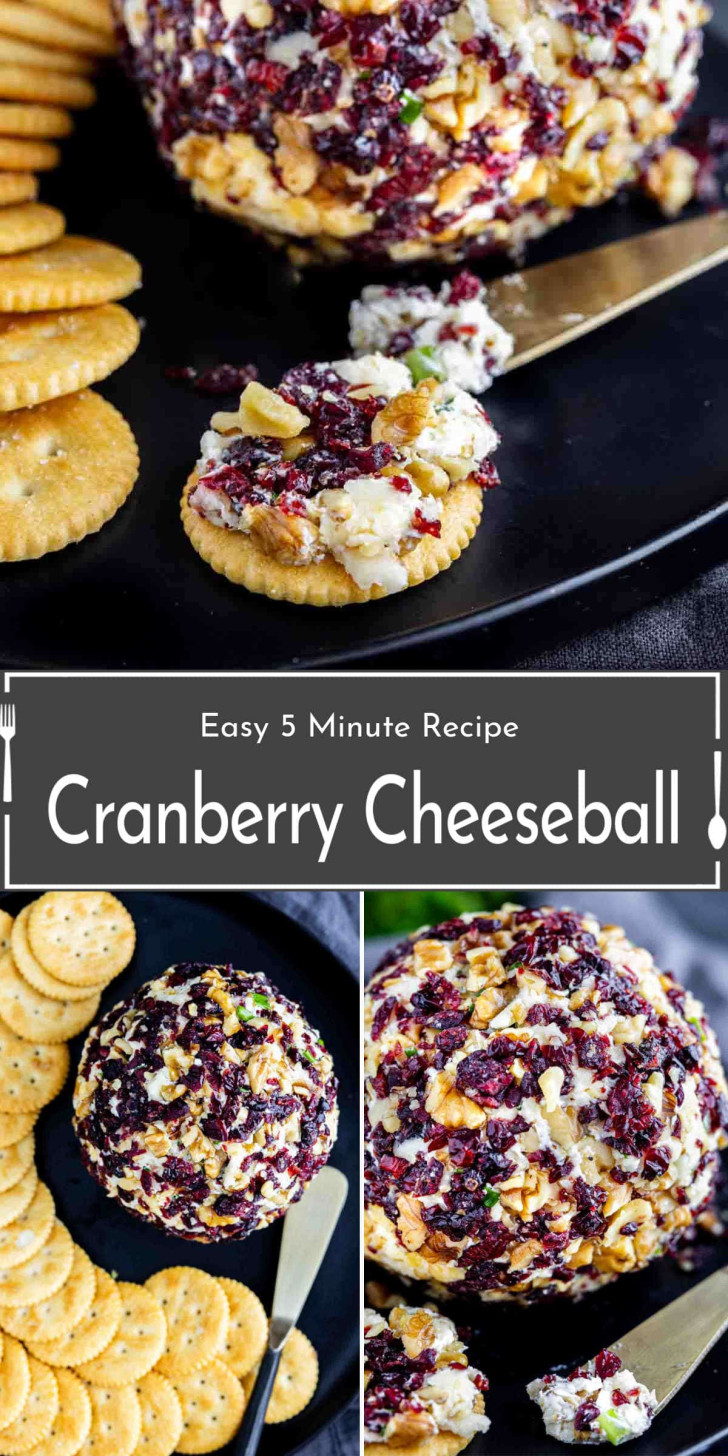 A round cheeseball covered in cranberries, nuts, and herbs is served with crackers on a black plate. Text overlay reads "Easy 5 Minute Recipe Cranberry Cheeseball.