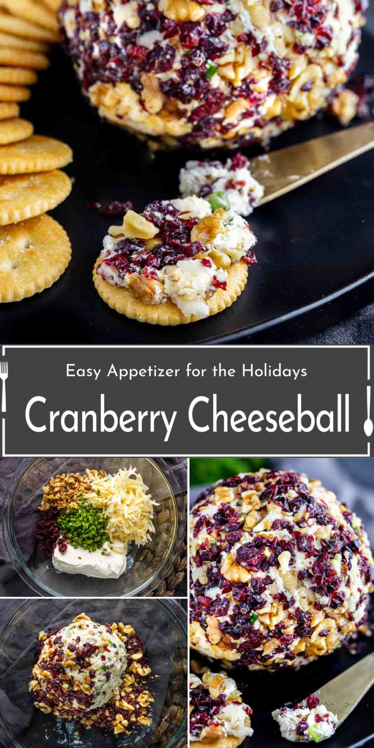 A cranberry cheeseball coated with nuts and herbs is served with crackers. Step-by-step ingredient and mixing process images are also shown.