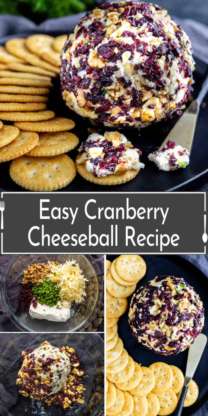 A cheeseball coated with cranberries and nuts is served with crackers. Step-by-step images show mixing the ingredients and shaping the cheeseball. Text reads: "Easy Cranberry Cheeseball Recipe.