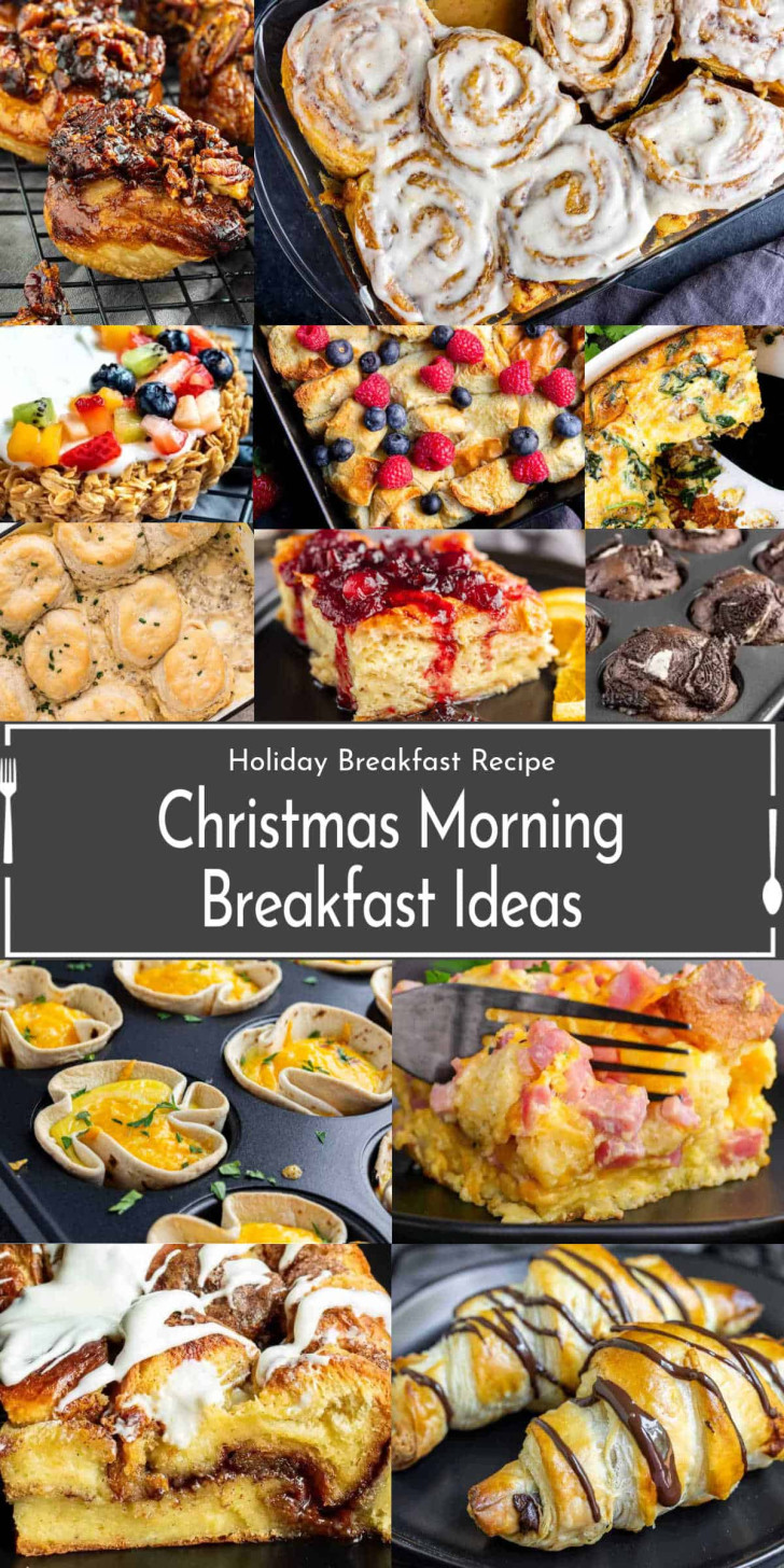 A collage of various breakfast dishes including cinnamon rolls, casseroles, pastries, and egg muffins, with a central text that reads "Christmas Morning Breakfast Ideas.