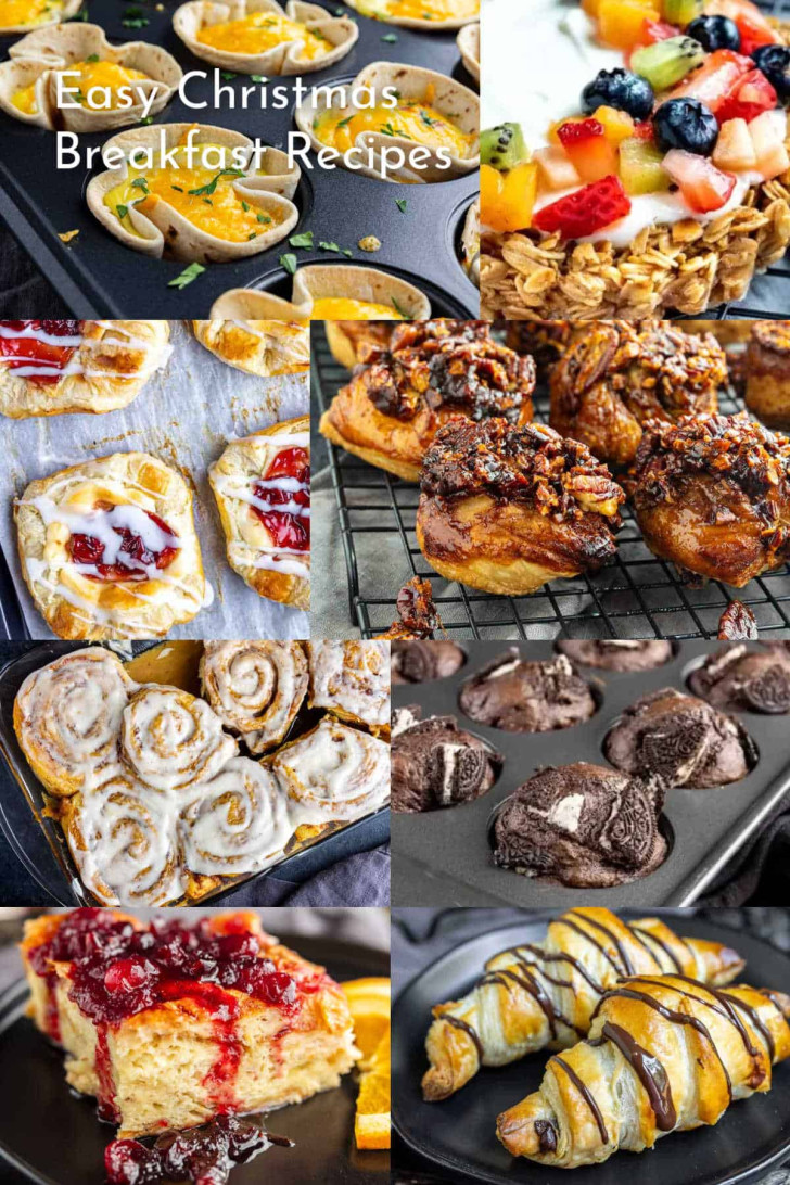 A collage of various Christmas breakfast dishes, including pastries, cinnamon rolls, fruit bowls, and muffins, with the text "Easy Christmas Breakfast Recipes.