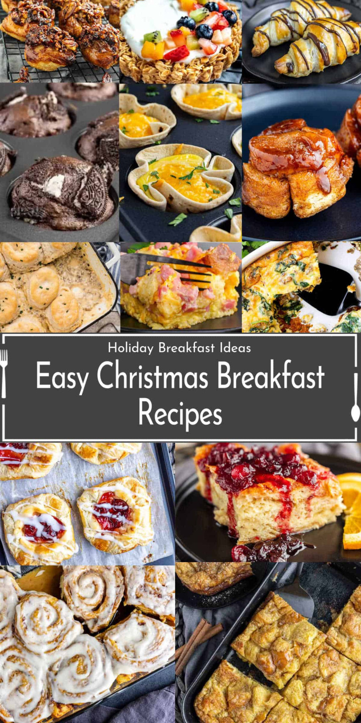 A collage of various breakfast dishes, including pastries, egg dishes, and French toast, with text reading "Easy Christmas Breakfast Recipes.